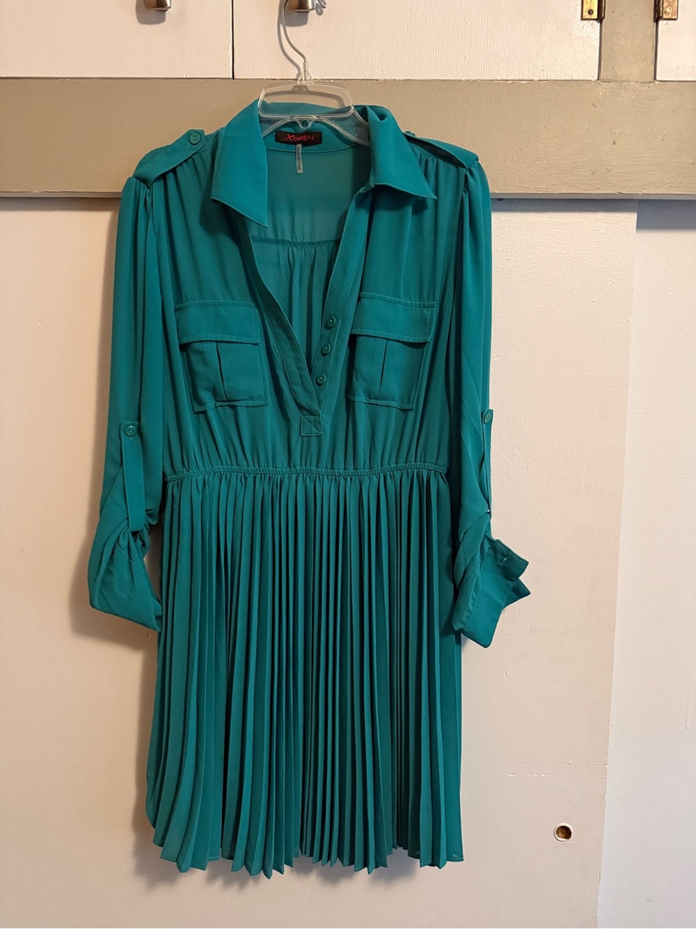 Teal Pleated Long-Sleeve Shirt Dress with Utility Pockets